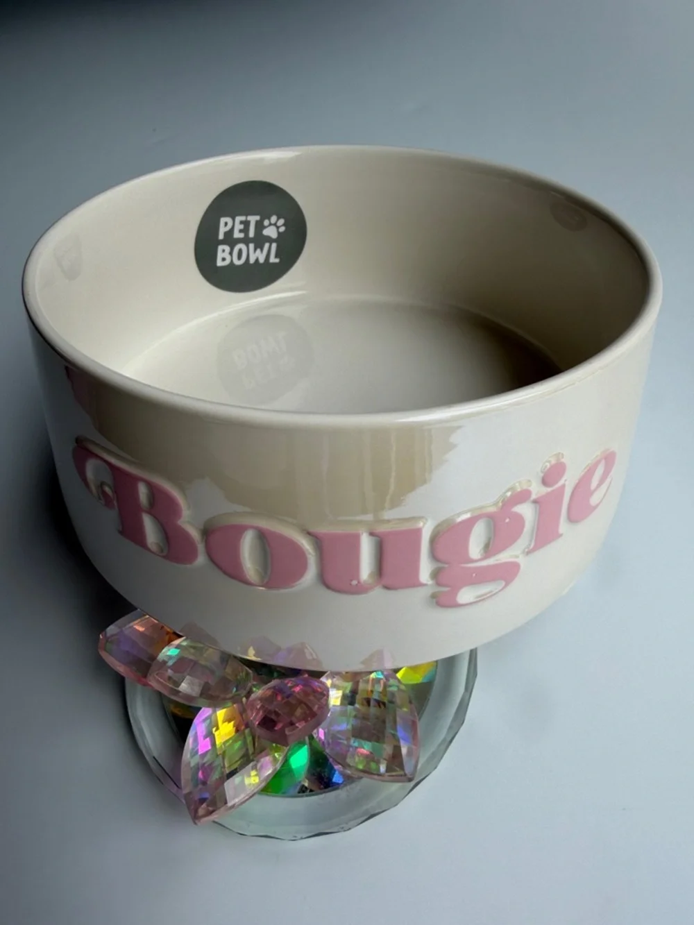 'Bougie'Pet Bowl Ceramic Dog Bowl with Pink 'Bougie' Lettering